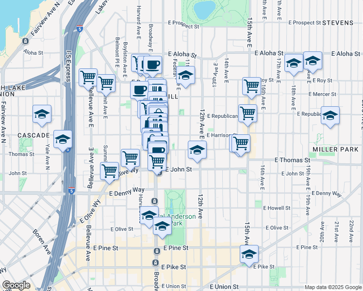 map of restaurants, bars, coffee shops, grocery stores, and more near 1017 East Harrison Street in Seattle