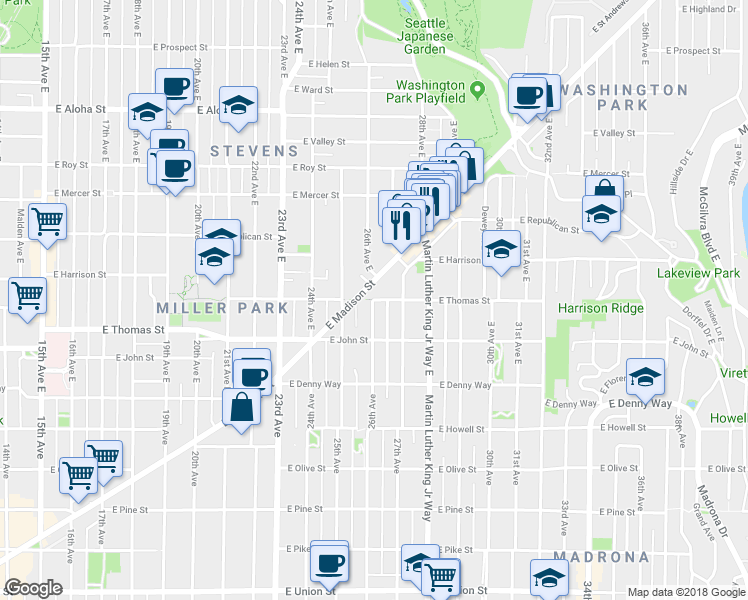 map of restaurants, bars, coffee shops, grocery stores, and more near 2602 East Thomas Street in Seattle