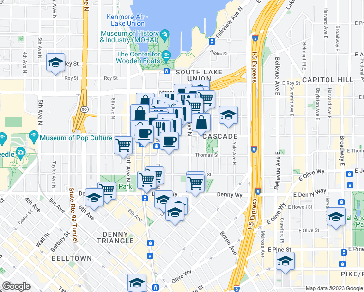 map of restaurants, bars, coffee shops, grocery stores, and more near 307 Fairview Avenue North in Seattle