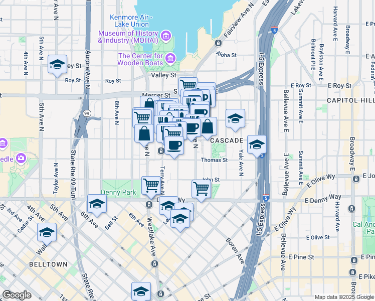 map of restaurants, bars, coffee shops, grocery stores, and more near 307 Fairview Avenue North in Seattle