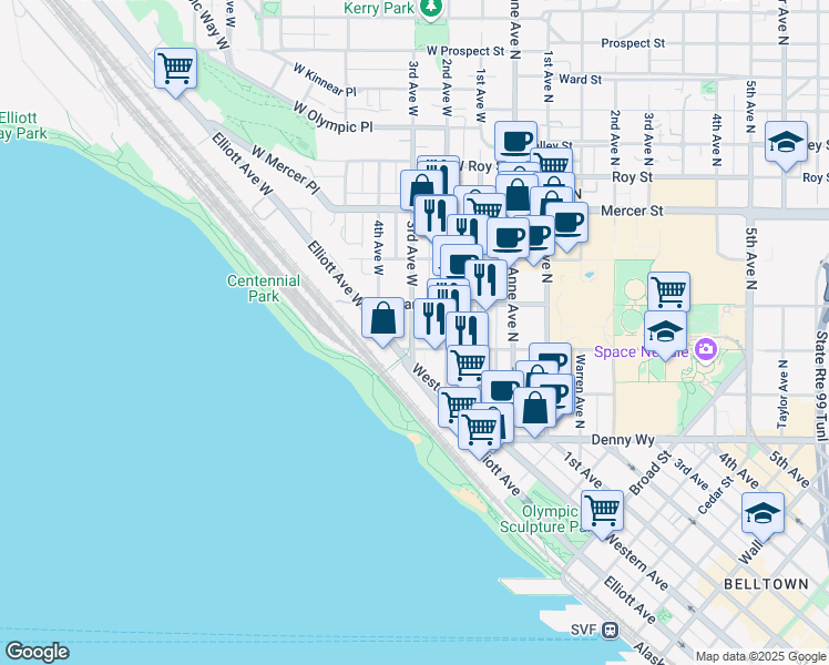 map of restaurants, bars, coffee shops, grocery stores, and more near 330 3rd Avenue West in Seattle