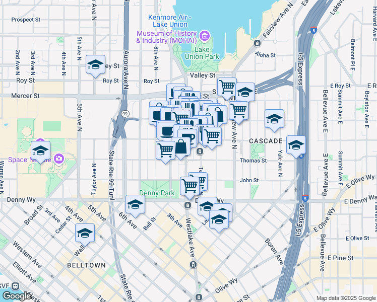 map of restaurants, bars, coffee shops, grocery stores, and more near 320 Westlake Avenue North in Seattle