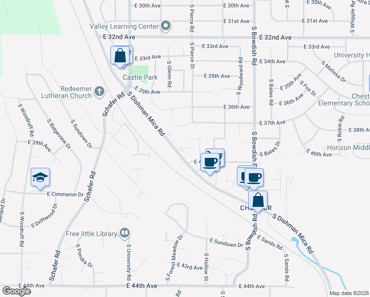 map of restaurants, bars, coffee shops, grocery stores, and more near 11014 East 38th Avenue in Spokane Valley