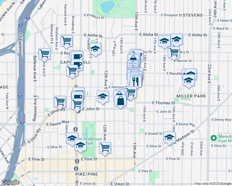 map of restaurants, bars, coffee shops, grocery stores, and more near 403 13th Avenue East in Seattle
