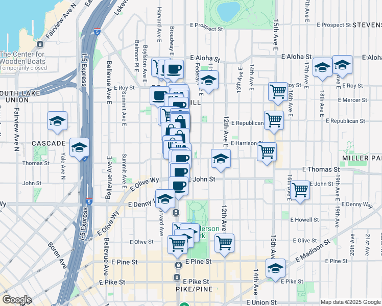map of restaurants, bars, coffee shops, grocery stores, and more near 1017 East Harrison Street in Seattle