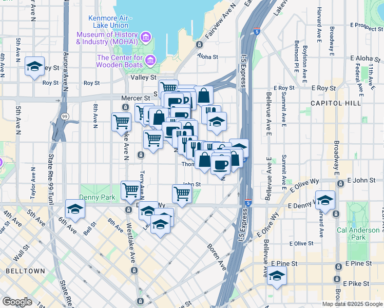 map of restaurants, bars, coffee shops, grocery stores, and more near in Seattle