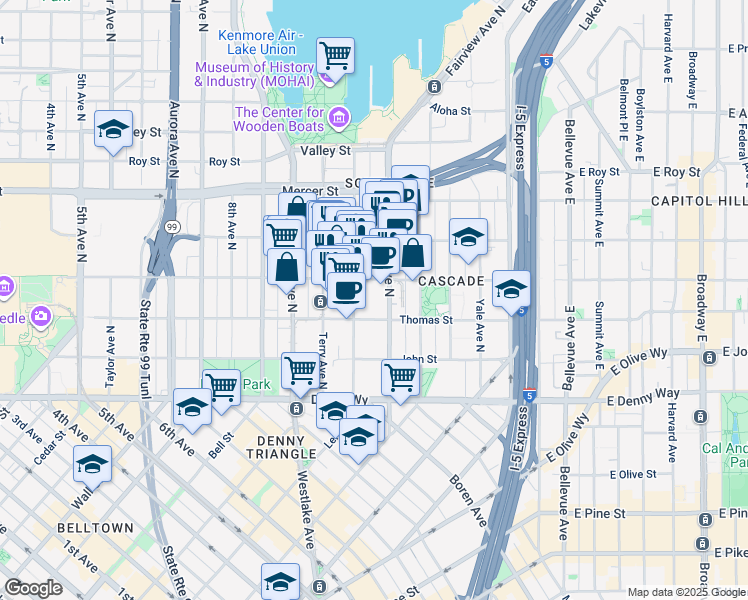 map of restaurants, bars, coffee shops, grocery stores, and more near in Seattle