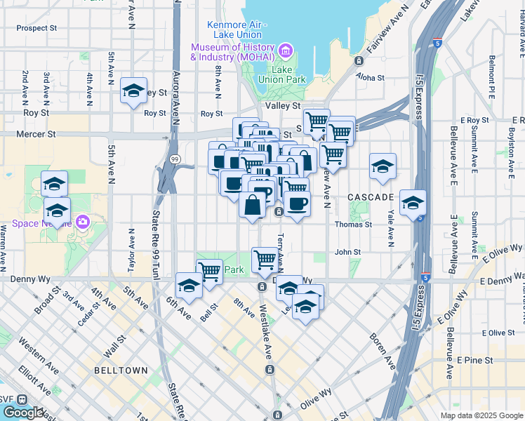 map of restaurants, bars, coffee shops, grocery stores, and more near 318 Westlake Avenue North in Seattle
