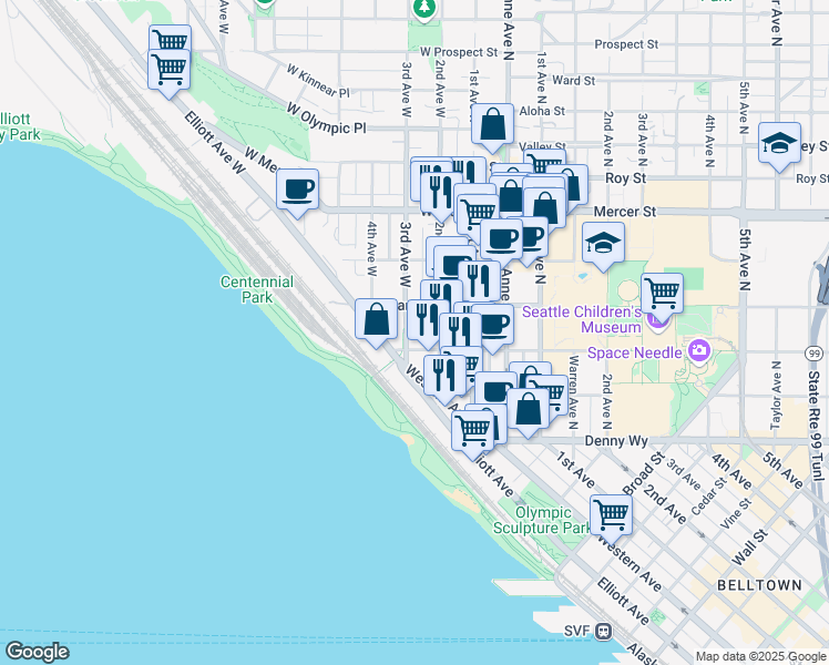 map of restaurants, bars, coffee shops, grocery stores, and more near 300 West Harrison Street in Seattle