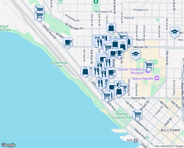 map of restaurants, bars, coffee shops, grocery stores, and more near 300 West Harrison Street in Seattle