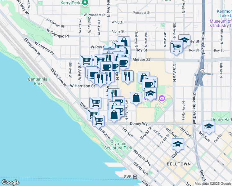map of restaurants, bars, coffee shops, grocery stores, and more near 315 1st Avenue North in Seattle