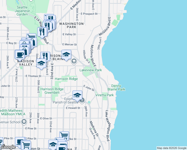 map of restaurants, bars, coffee shops, grocery stores, and more near 300 Maiden Lane East in Seattle