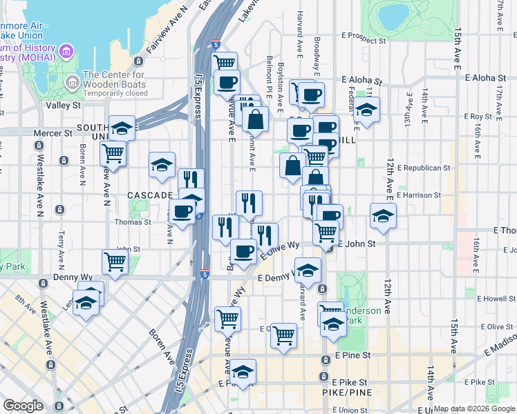 map of restaurants, bars, coffee shops, grocery stores, and more near 502 East Harrison Street in Seattle