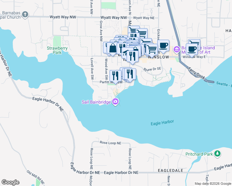 map of restaurants, bars, coffee shops, grocery stores, and more near 231 Parfitt Way Southwest in Bainbridge Island
