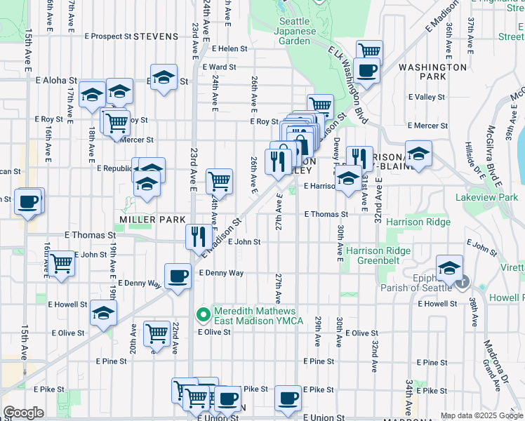 map of restaurants, bars, coffee shops, grocery stores, and more near 2602 East Thomas Street in Seattle
