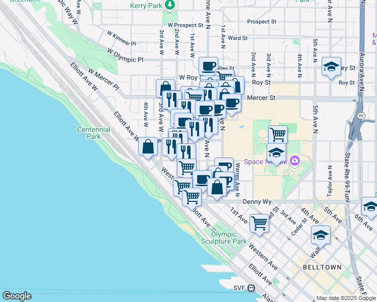 map of restaurants, bars, coffee shops, grocery stores, and more near 103 West Harrison Street in Seattle