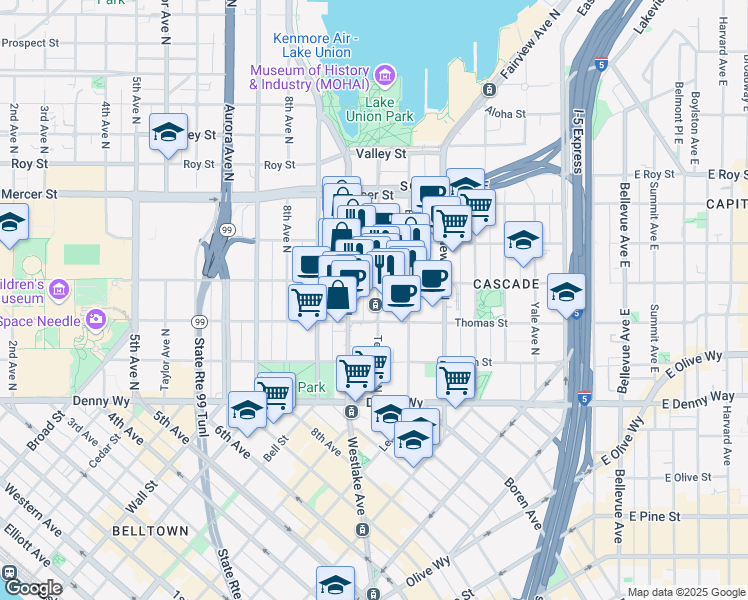 map of restaurants, bars, coffee shops, grocery stores, and more near 321 Terry Avenue North in Seattle
