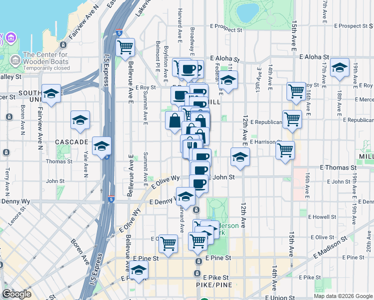 map of restaurants, bars, coffee shops, grocery stores, and more near 401 Harvard Avenue East in Seattle