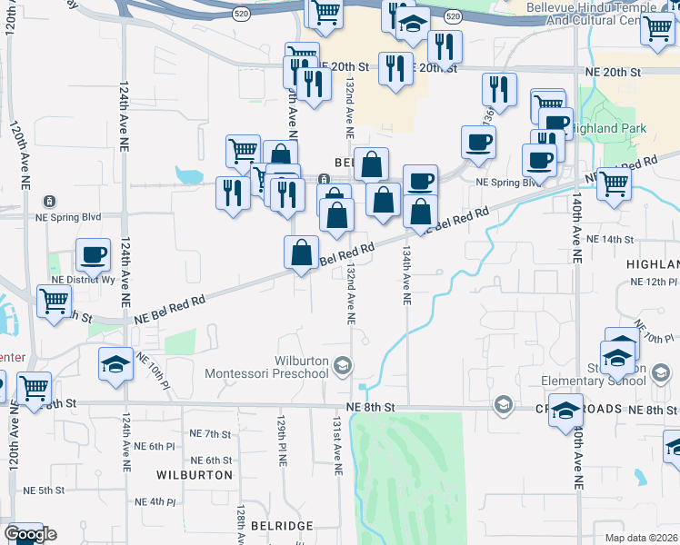 map of restaurants, bars, coffee shops, grocery stores, and more near in Bellevue