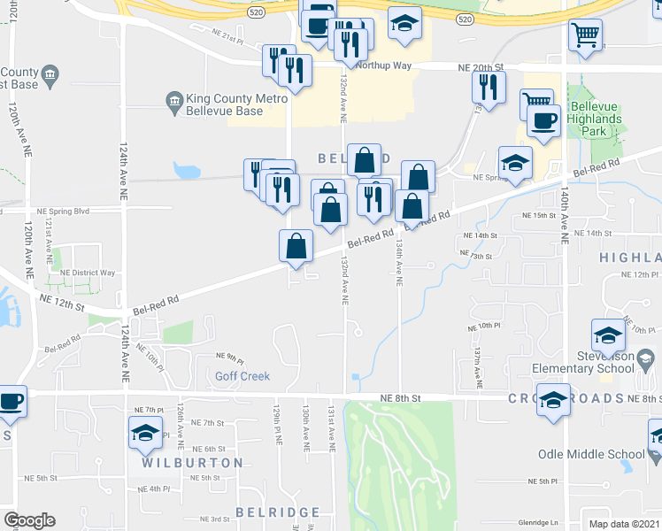 map of restaurants, bars, coffee shops, grocery stores, and more near in Bellevue