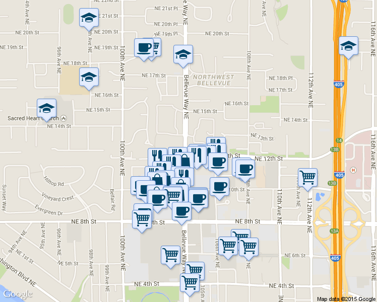 map of restaurants, bars, coffee shops, grocery stores, and more near 1300 Bellevue Way Northeast in Bellevue