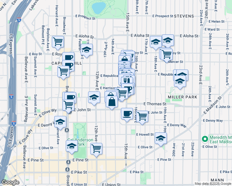 map of restaurants, bars, coffee shops, grocery stores, and more near in Seattle