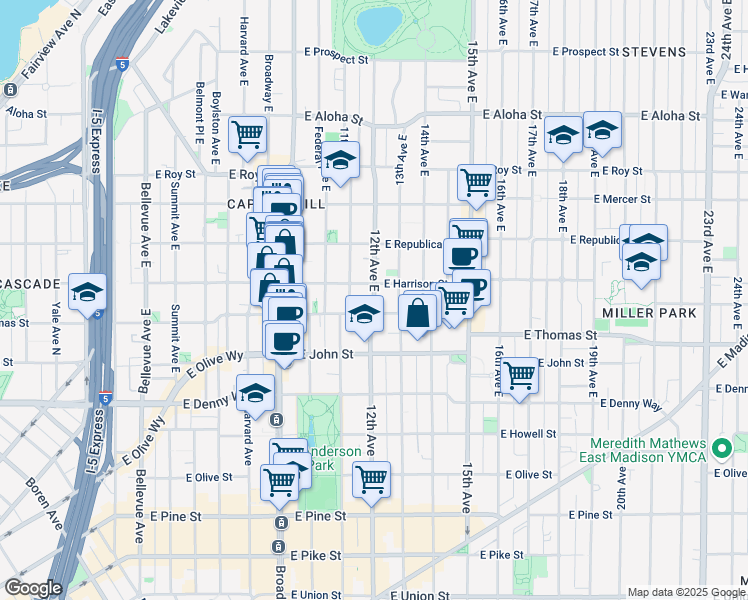 map of restaurants, bars, coffee shops, grocery stores, and more near 1103 East Harrison Street in Seattle