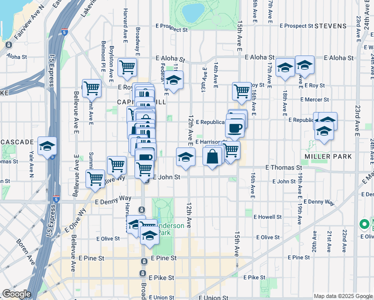map of restaurants, bars, coffee shops, grocery stores, and more near 1103 East Harrison Street in Seattle
