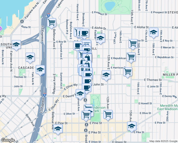 map of restaurants, bars, coffee shops, grocery stores, and more near 324 Broadway East in Seattle