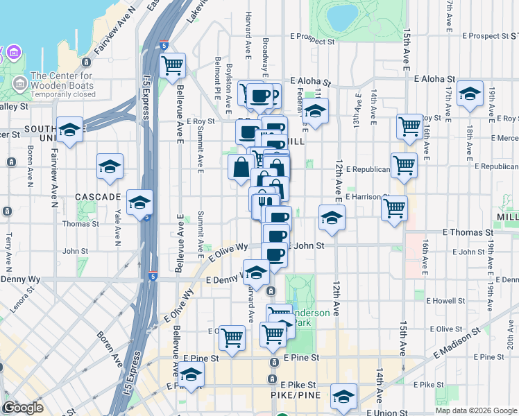 map of restaurants, bars, coffee shops, grocery stores, and more near 401 Harvard Avenue East in Seattle