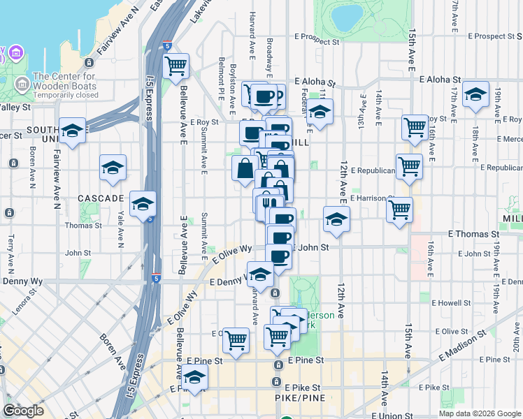 map of restaurants, bars, coffee shops, grocery stores, and more near 401 Harvard Avenue East in Seattle