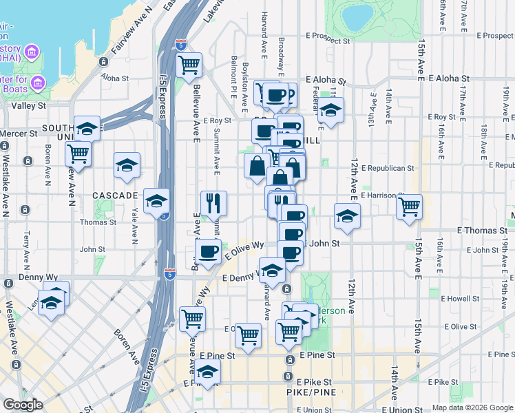 map of restaurants, bars, coffee shops, grocery stores, and more near 511 East Harrison Street in Seattle