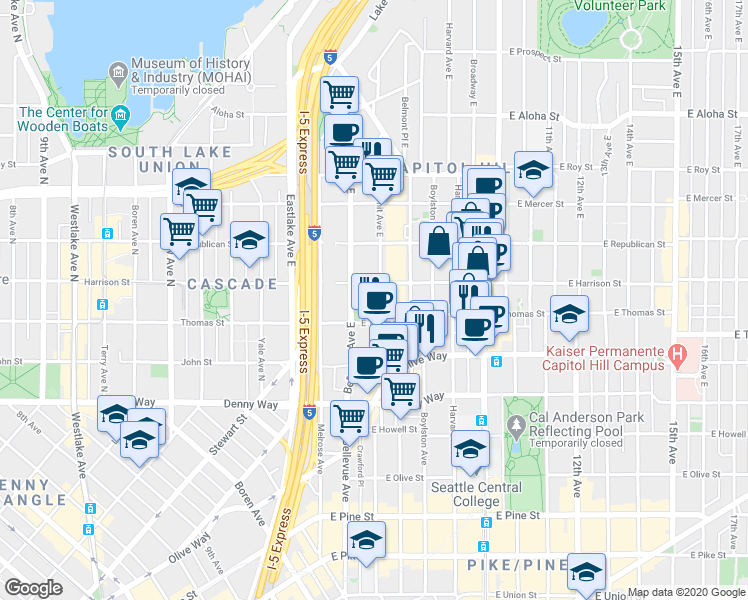 map of restaurants, bars, coffee shops, grocery stores, and more near 502 East Harrison Street in Seattle