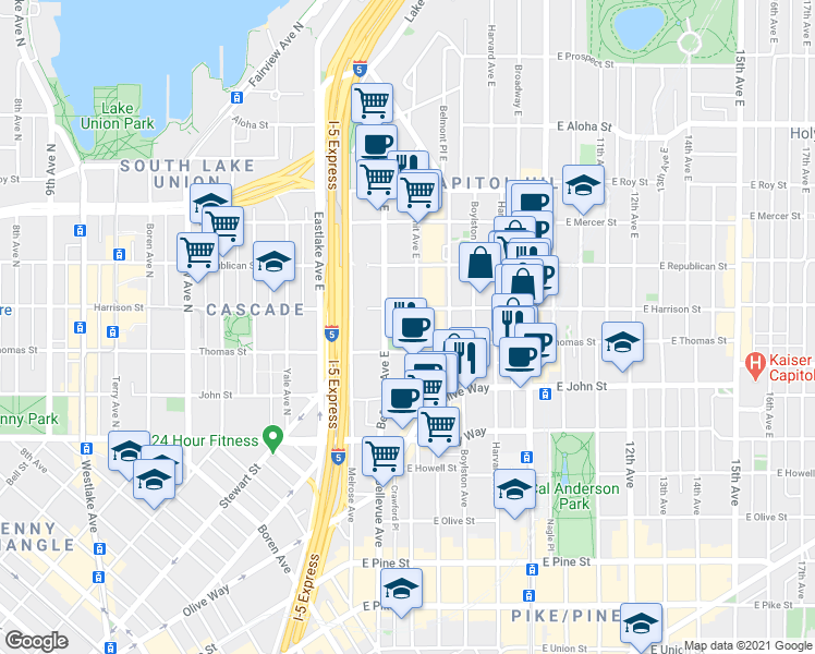 map of restaurants, bars, coffee shops, grocery stores, and more near 502 East Harrison Street in Seattle