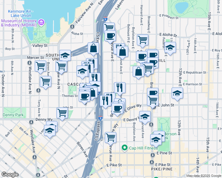 map of restaurants, bars, coffee shops, grocery stores, and more near 404 East Harrison Street in Seattle