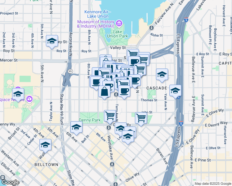 map of restaurants, bars, coffee shops, grocery stores, and more near 426 Terry Avenue North in Seattle