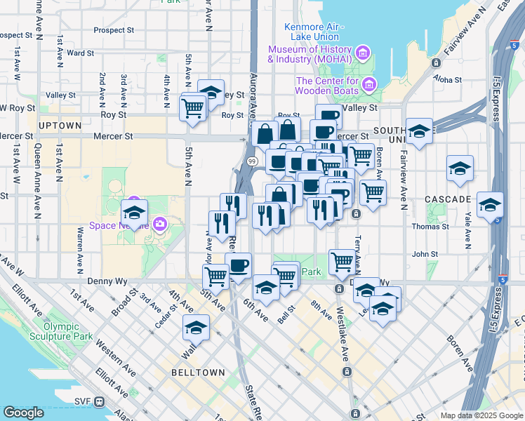 map of restaurants, bars, coffee shops, grocery stores, and more near 333 Dexter Avenue North in Seattle