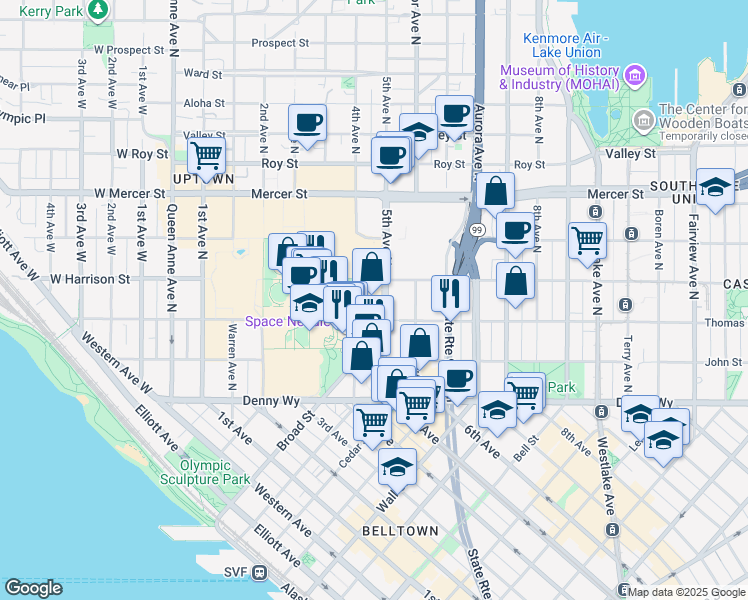 map of restaurants, bars, coffee shops, grocery stores, and more near 332 5th Avenue North in Seattle