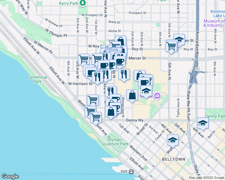 map of restaurants, bars, coffee shops, grocery stores, and more near 334 1st Avenue North in Seattle