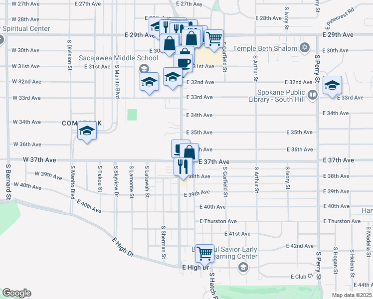 map of restaurants, bars, coffee shops, grocery stores, and more near 608 East 36th Avenue in Spokane