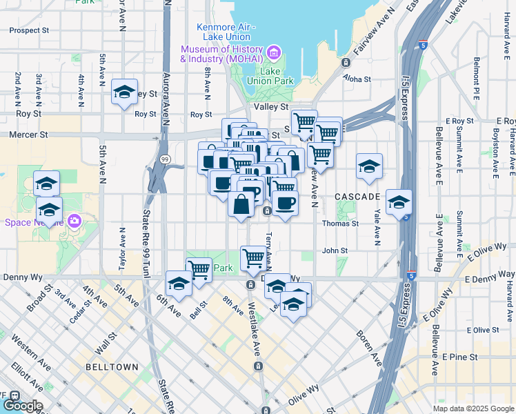 map of restaurants, bars, coffee shops, grocery stores, and more near 320 Westlake Avenue North in Seattle
