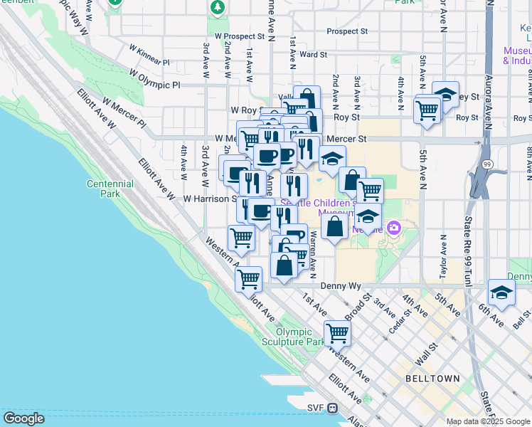 map of restaurants, bars, coffee shops, grocery stores, and more near 323 Queen Anne Avenue North in Seattle