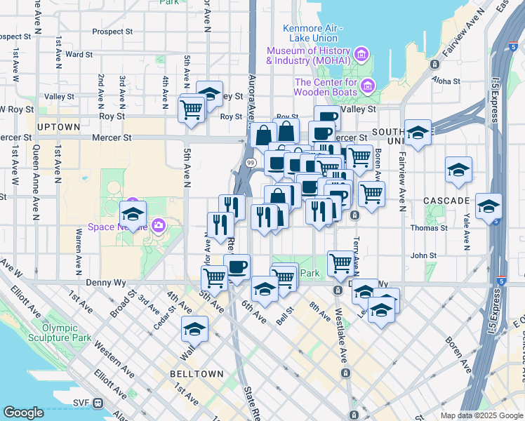map of restaurants, bars, coffee shops, grocery stores, and more near 333 Dexter Avenue North in Seattle