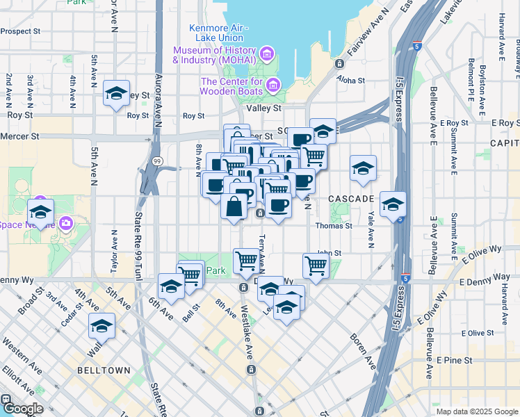 map of restaurants, bars, coffee shops, grocery stores, and more near 321 Terry Avenue North in Seattle