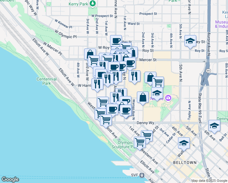 map of restaurants, bars, coffee shops, grocery stores, and more near 323 Queen Anne Avenue North in Seattle