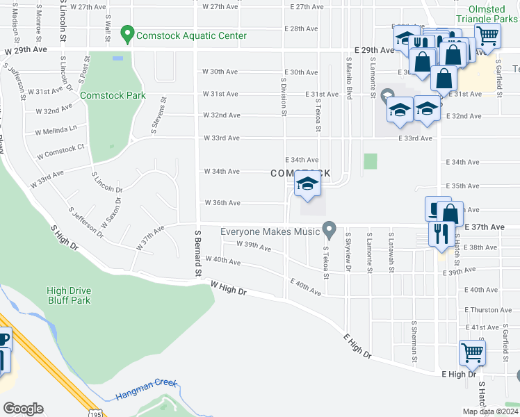 map of restaurants, bars, coffee shops, grocery stores, and more near 33 West 36th Avenue in Spokane