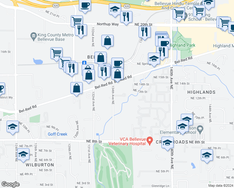 map of restaurants, bars, coffee shops, grocery stores, and more near 13428 Northeast 12th Place in Bellevue