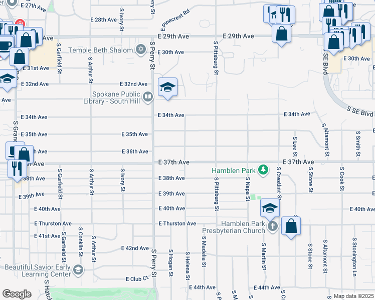 map of restaurants, bars, coffee shops, grocery stores, and more near 1605 East 36th Avenue in Spokane
