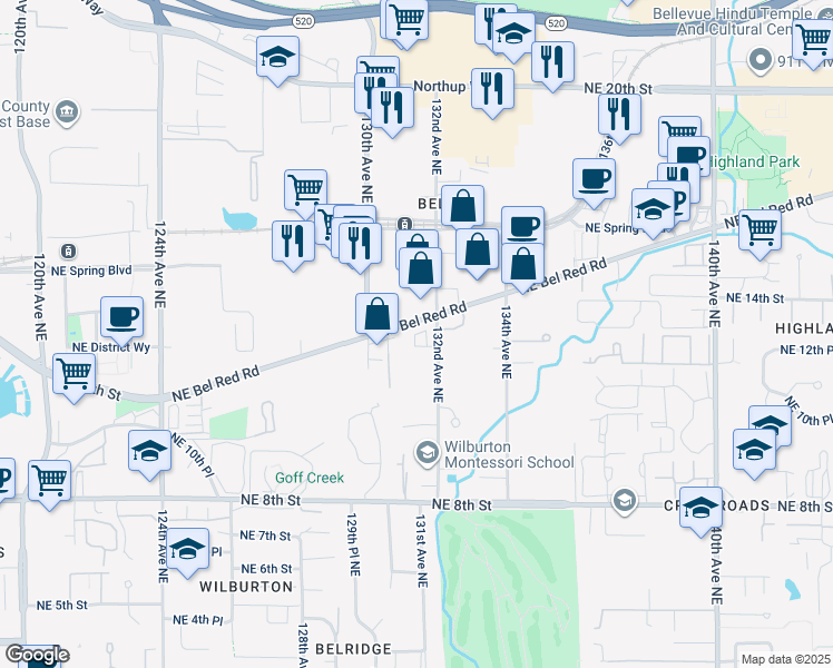 map of restaurants, bars, coffee shops, grocery stores, and more near in Bellevue