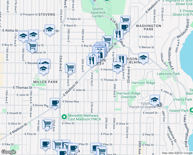 map of restaurants, bars, coffee shops, grocery stores, and more near 319 Martin Luther King Junior Way East in Seattle
